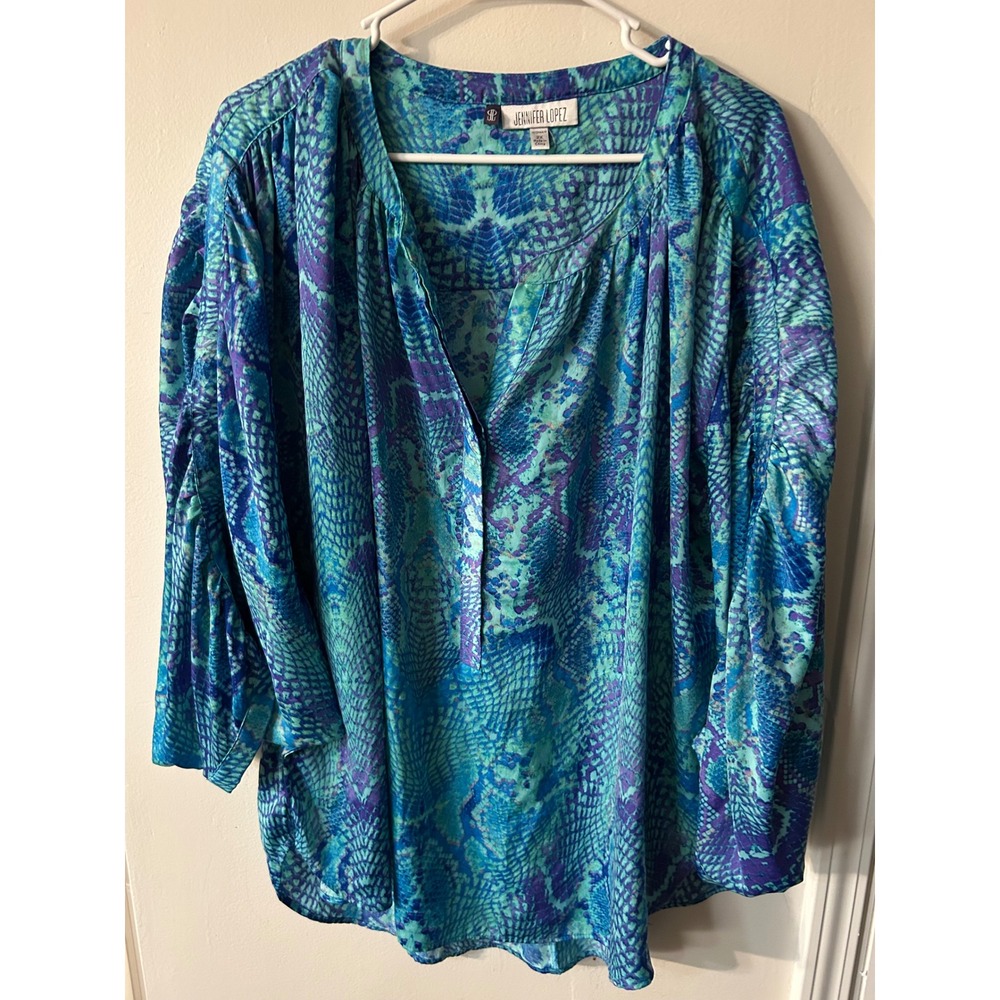Jennifer Lopez Womens 2X Blue Purple Snakeskin Print Ruched Sleeve Blouse Top